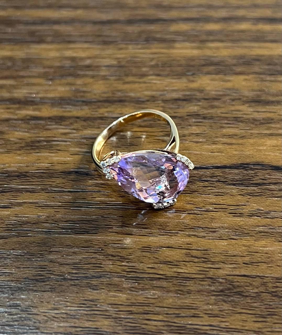 Large Pear Teardrop Shape Light Violet Purple Amethyst Rose Gold Diamonds Ring