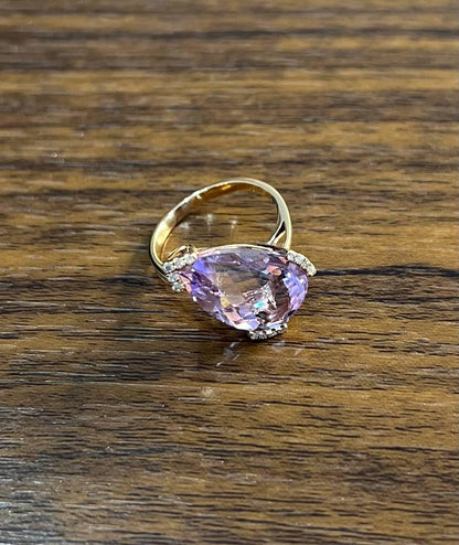 Large Pear Teardrop Shape Light Violet Purple Amethyst Rose Gold Diamonds Ring
