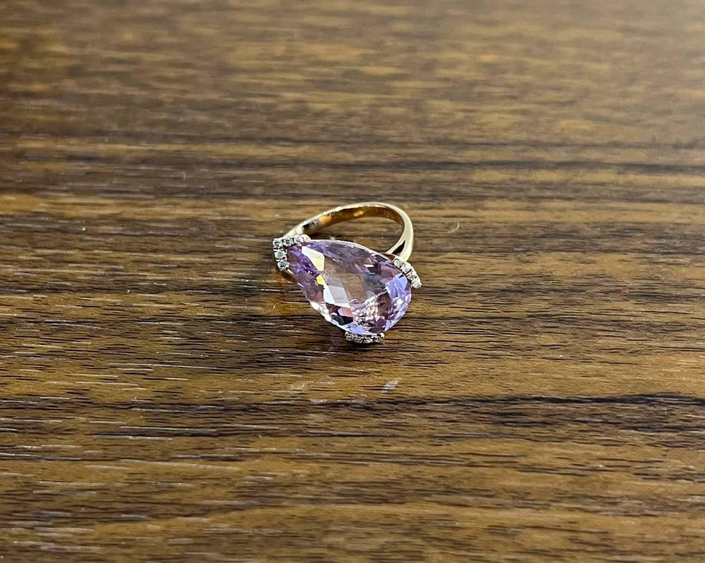 Large Pear Teardrop Shape Light Violet Purple Amethyst Rose Gold Diamonds Ring