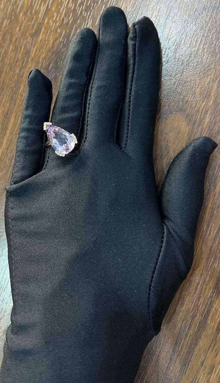 Large Pear Teardrop Shape Light Violet Purple Amethyst Rose Gold Diamonds Ring