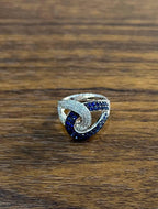 Intertwining Blue Sapphires Diamonds Interlocking Shapes White Gold Fashion Ring