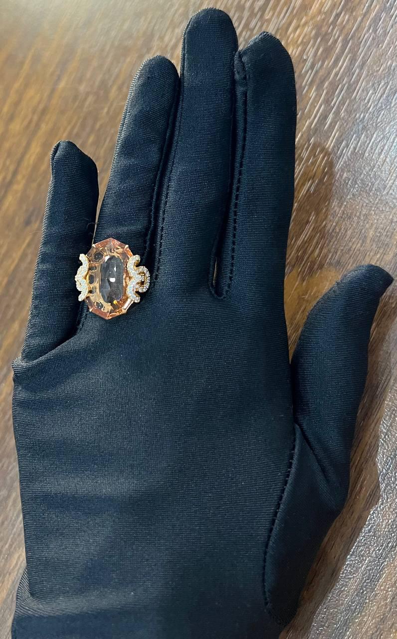Fancy Shape Peach Pink Morganite Diamond Scroll Accents 18K Rose Gold Ring