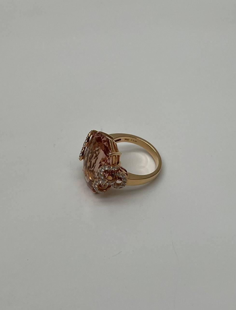 Fancy Shape Peach Pink Morganite Diamond Scroll Accents 18K Rose Gold Ring