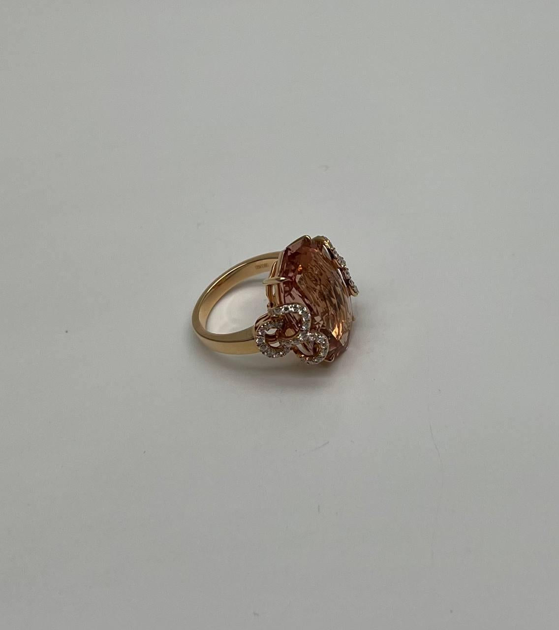 Fancy Shape Peach Pink Morganite Diamond Scroll Accents 18K Rose Gold Ring