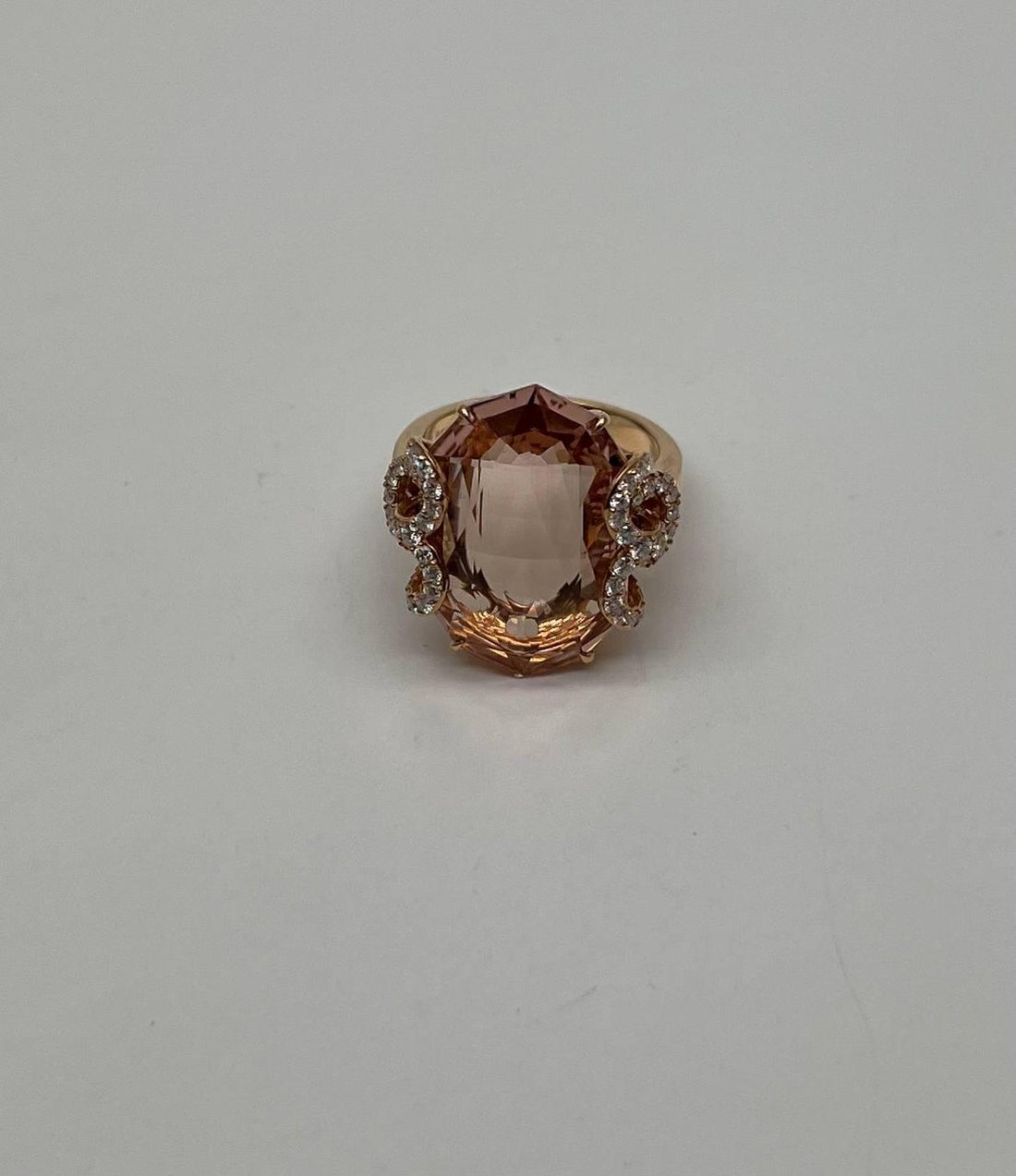 Fancy Shape Peach Pink Morganite Diamond Scroll Accents 18K Rose Gold Ring