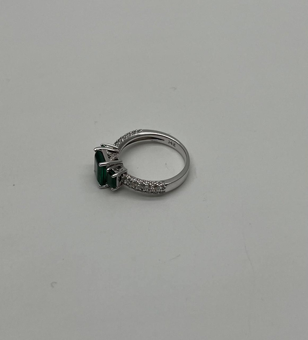 Green Emerald Three Stone Diamond 14K White Gold Classic Statement Ring