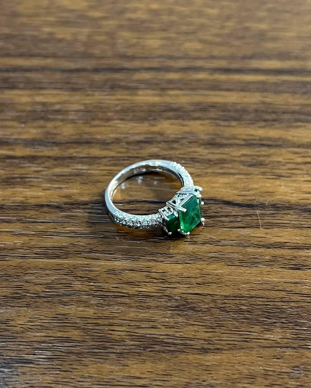 Green Emerald Three Stone Diamond 14K White Gold Classic Statement Ring
