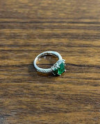 Green Emerald Three Stone Diamond 14K White Gold Classic Statement Ring