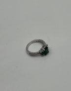 Green Emerald Three Stone Diamond 14K White Gold Classic Statement Ring