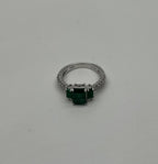 Green Emerald Three Stone Diamond 14K White Gold Classic Statement Ring