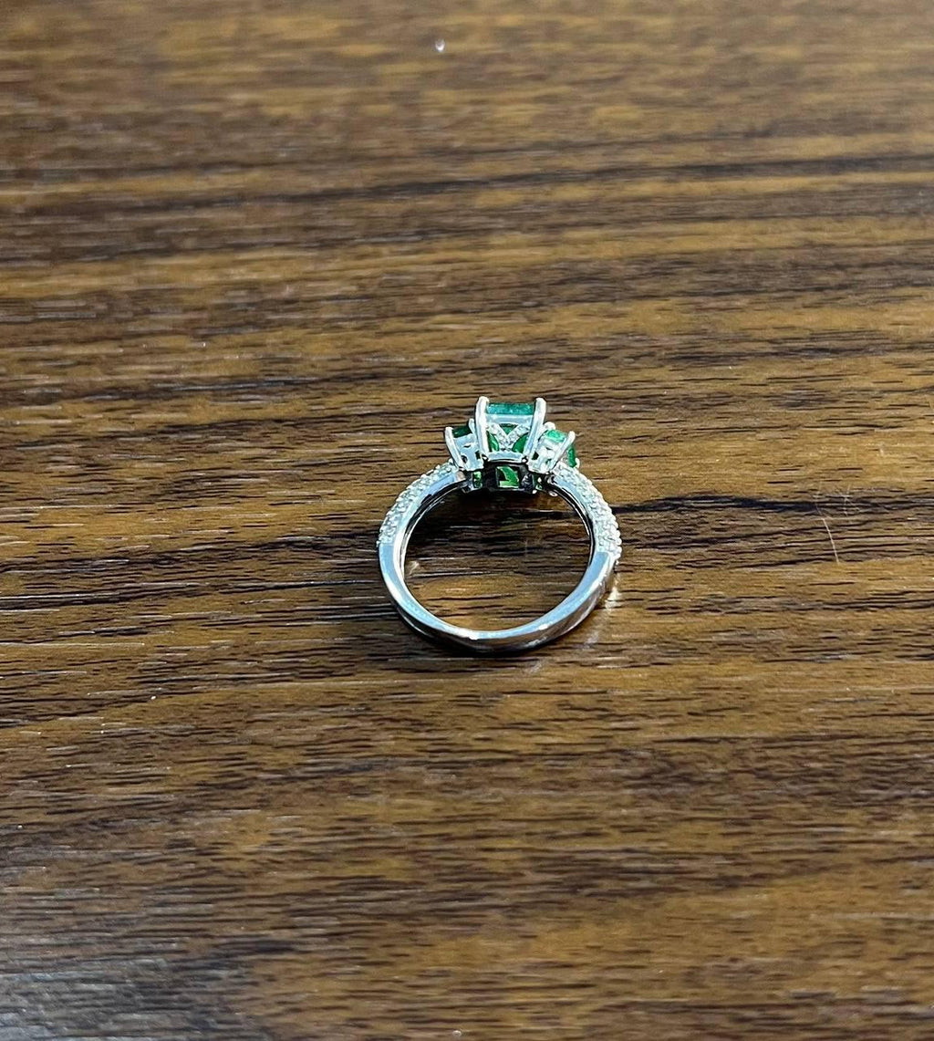 Green Emerald Three Stone Diamond 14K White Gold Classic Statement Ring