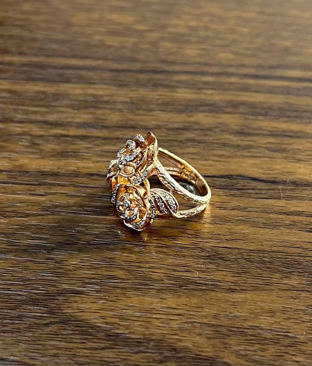 Rose Floral Flower Petals Diamond Pave Set 14K Rose Gold Cocktail Ring