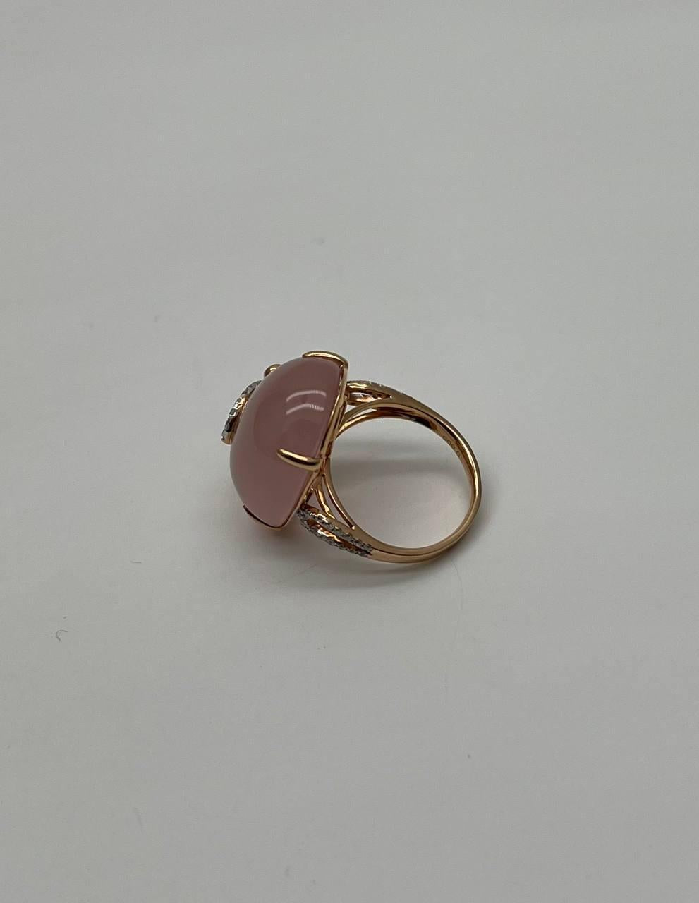 Oval Shape Pink Rose Quartz Cabochon Diamond Scroll 18K White Rose Gold Ring