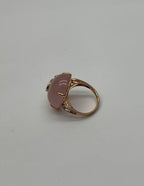 Oval Shape Pink Rose Quartz Cabochon Diamond Scroll 18K White Rose Gold Ring