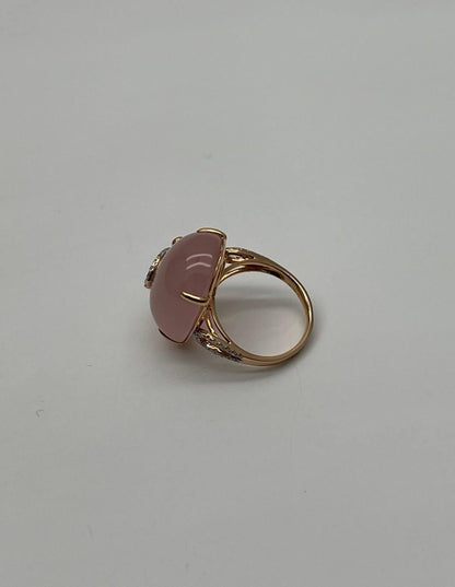 Oval Shape Pink Rose Quartz Cabochon Diamond Scroll 18K White Rose Gold Ring