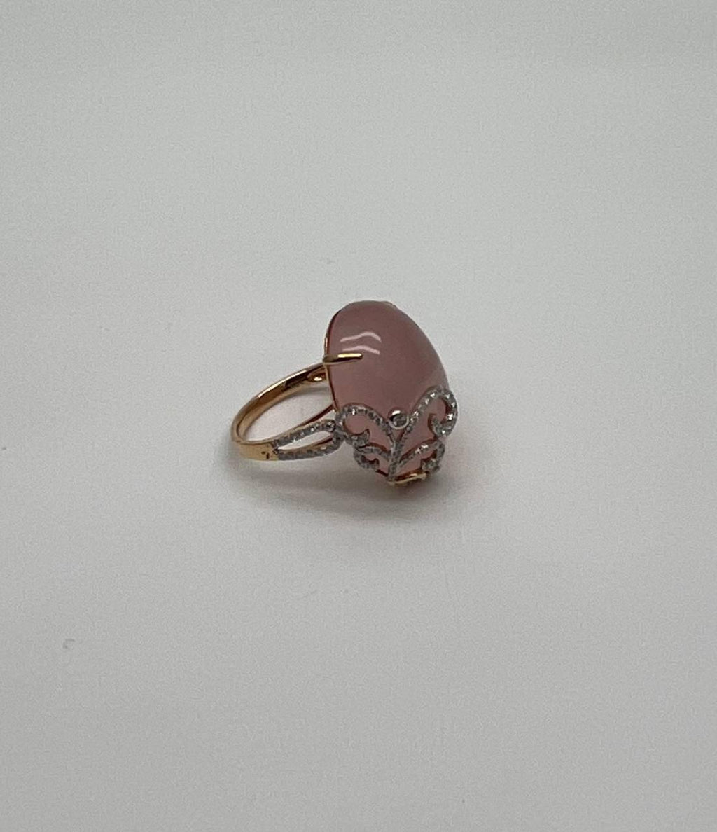 Oval Shape Pink Rose Quartz Cabochon Diamond Scroll 18K White Rose Gold Ring