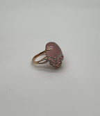 Oval Shape Pink Rose Quartz Cabochon Diamond Scroll 18K White Rose Gold Ring