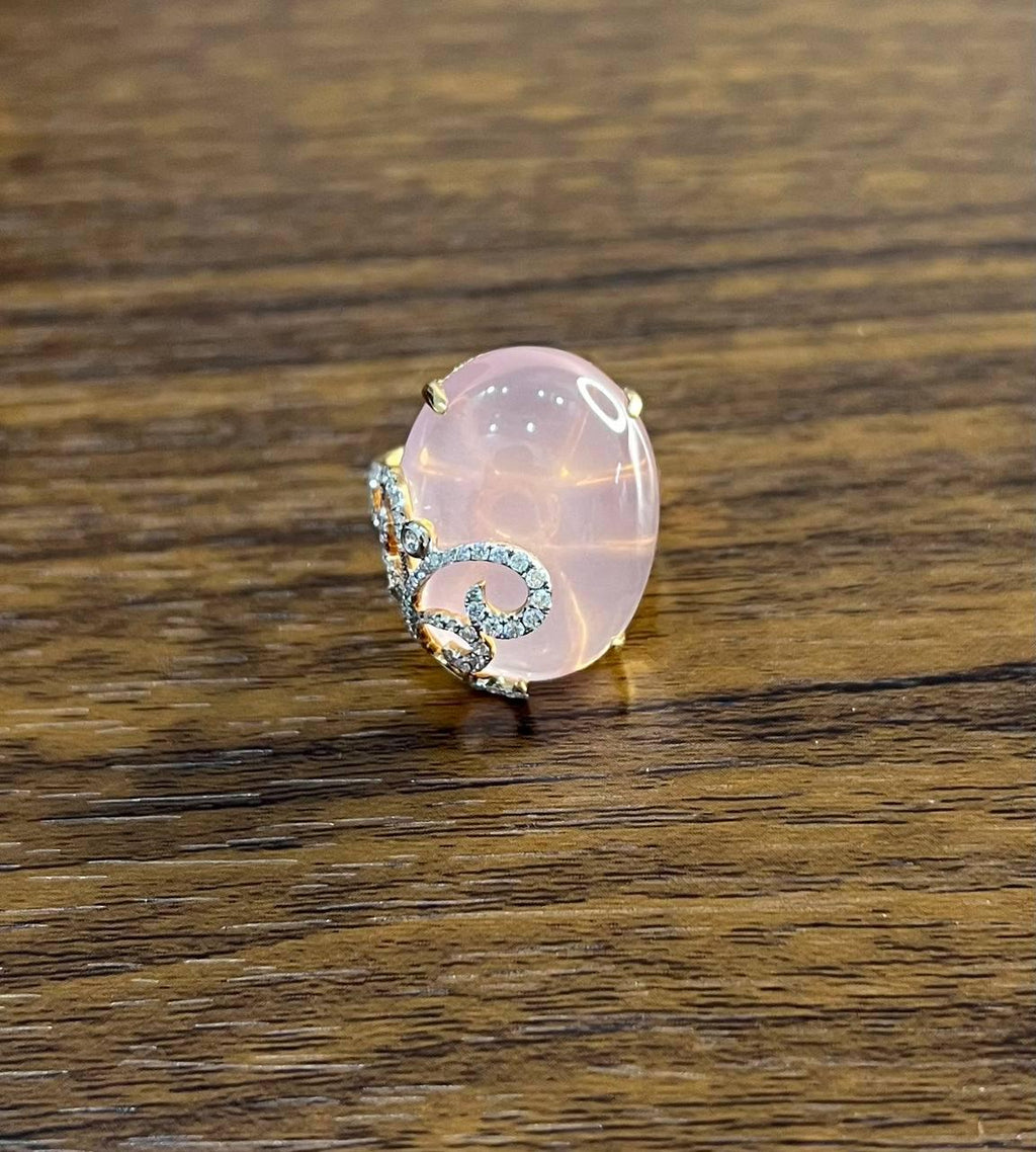 Oval Shape Pink Rose Quartz Cabochon Diamond Scroll 18K White Rose Gold Ring