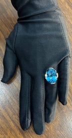 Oval Shape Swiss Blue Topaz 14K Rose Gold Champagne Halo Cocktail Ring