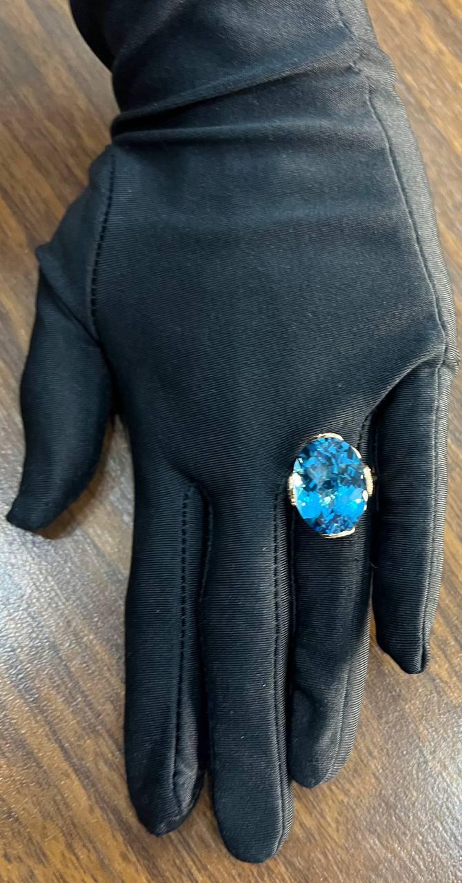 Oval Shape Swiss Blue Topaz 14K Rose Gold Champagne Halo Cocktail Ring