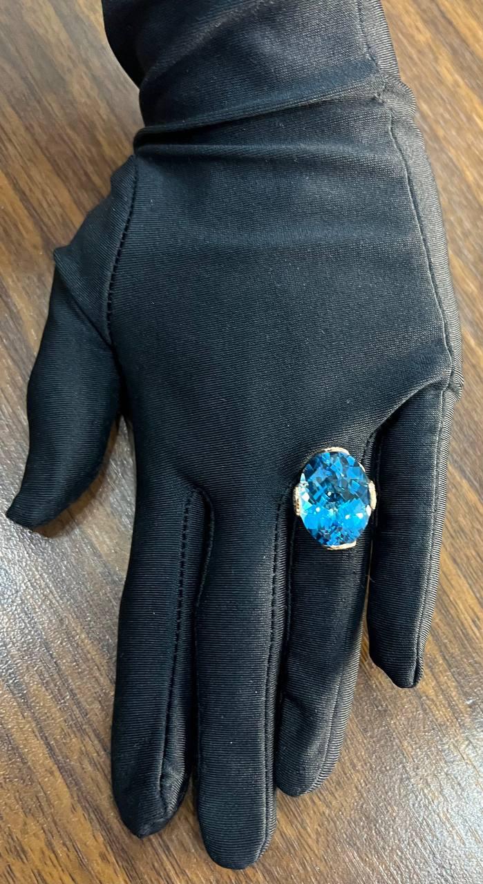 Oval Shape Swiss Blue Topaz 14K Rose Gold Champagne Halo Cocktail Ring