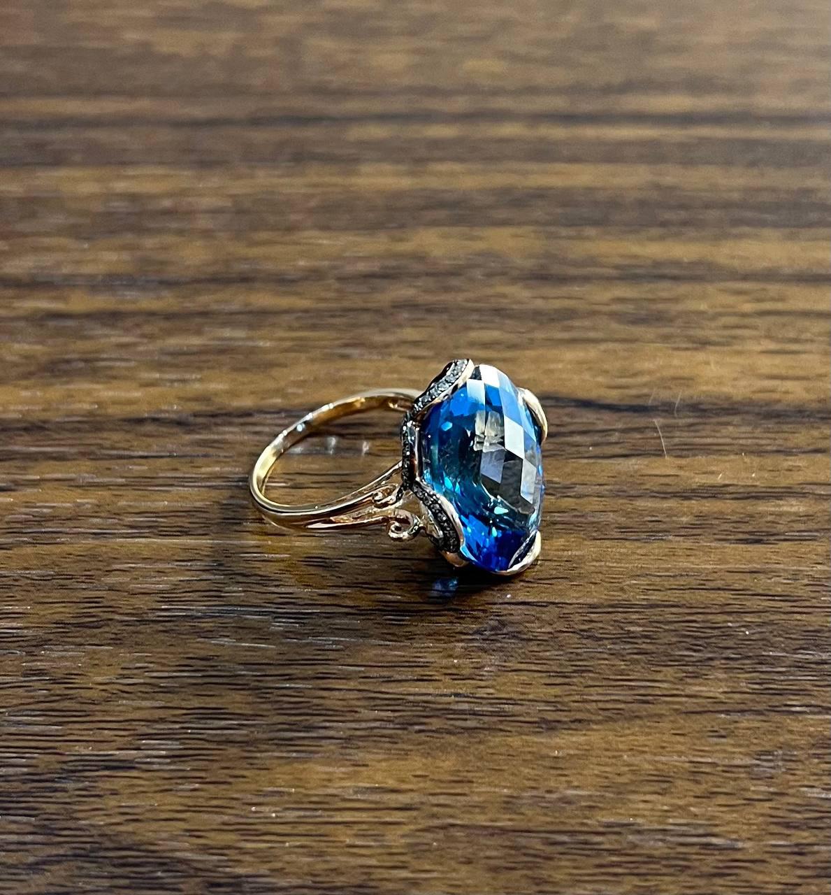 Oval Shape Swiss Blue Topaz 14K Rose Gold Champagne Halo Cocktail Ring