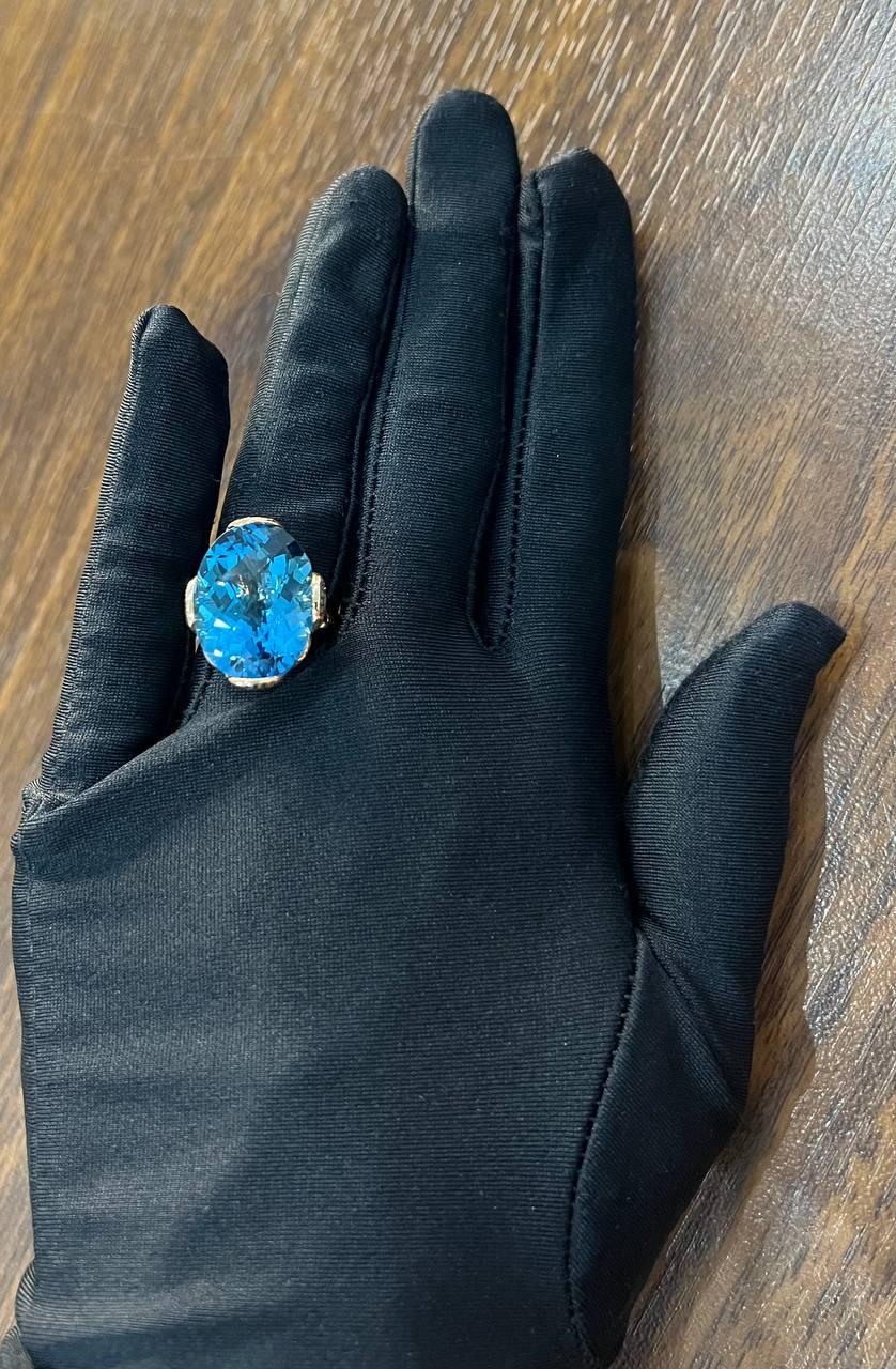 Oval Shape Swiss Blue Topaz 14K Rose Gold Champagne Halo Cocktail Ring
