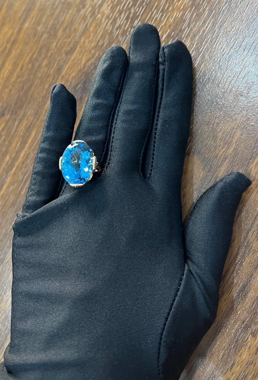 Oval Shape Swiss Blue Topaz 14K Rose Gold Champagne Halo Cocktail Ring