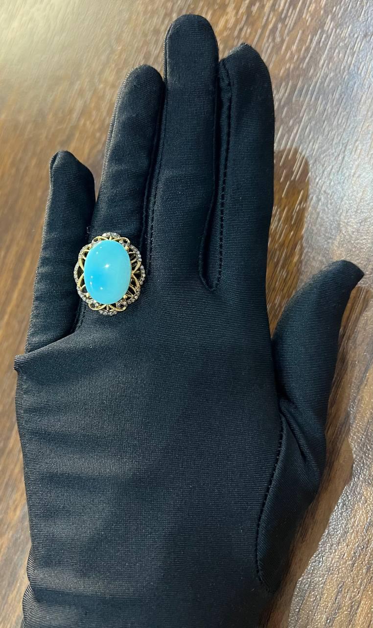 Blue Teal Turquoise Champagne Diamonds Halo 14K Yellow Gold Statement Ring
