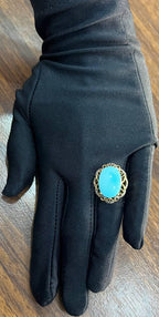 Blue Teal Turquoise Champagne Diamonds Halo 14K Yellow Gold Statement Ring