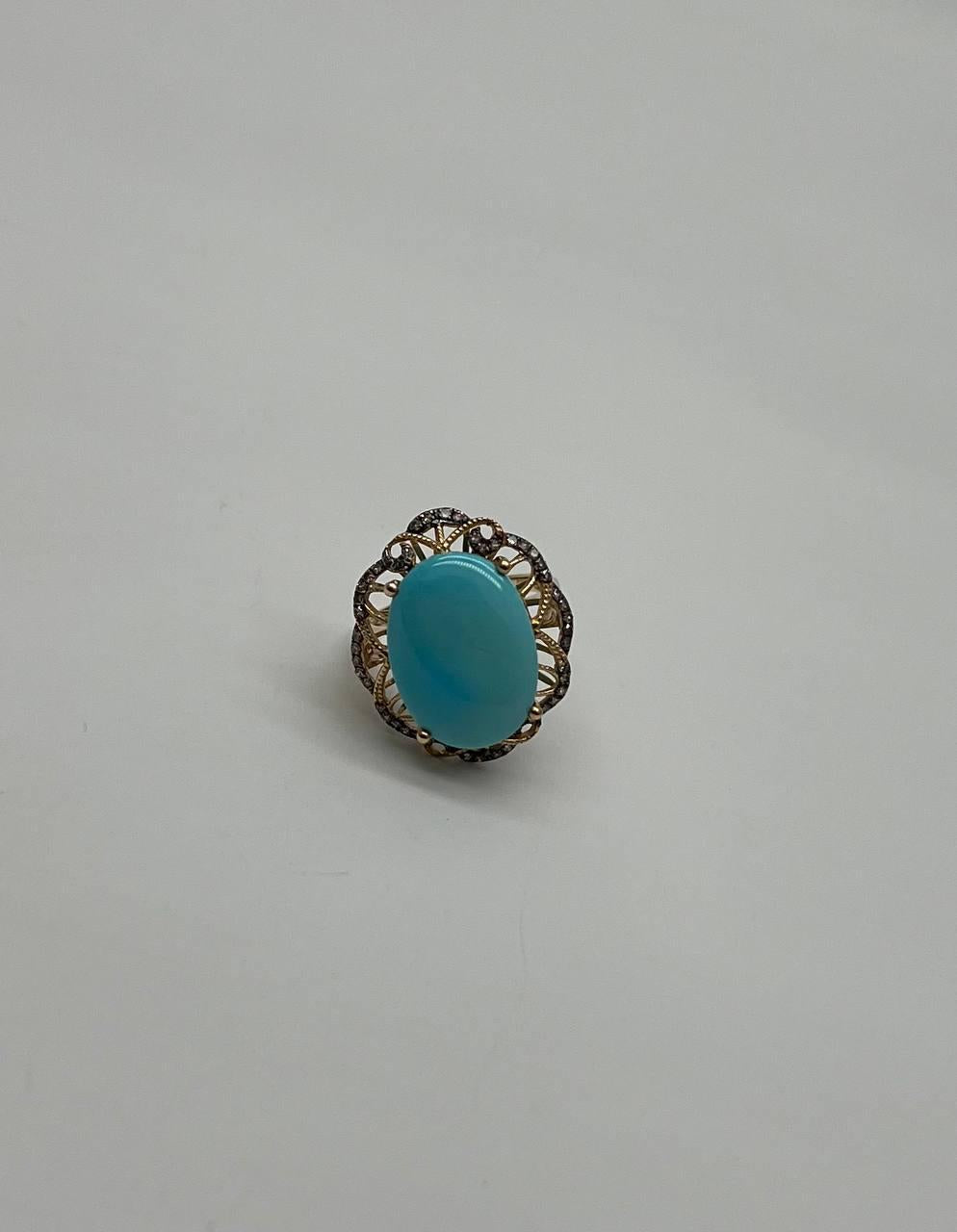 Blue Teal Turquoise Champagne Diamonds Halo 14K Yellow Gold Statement Ring