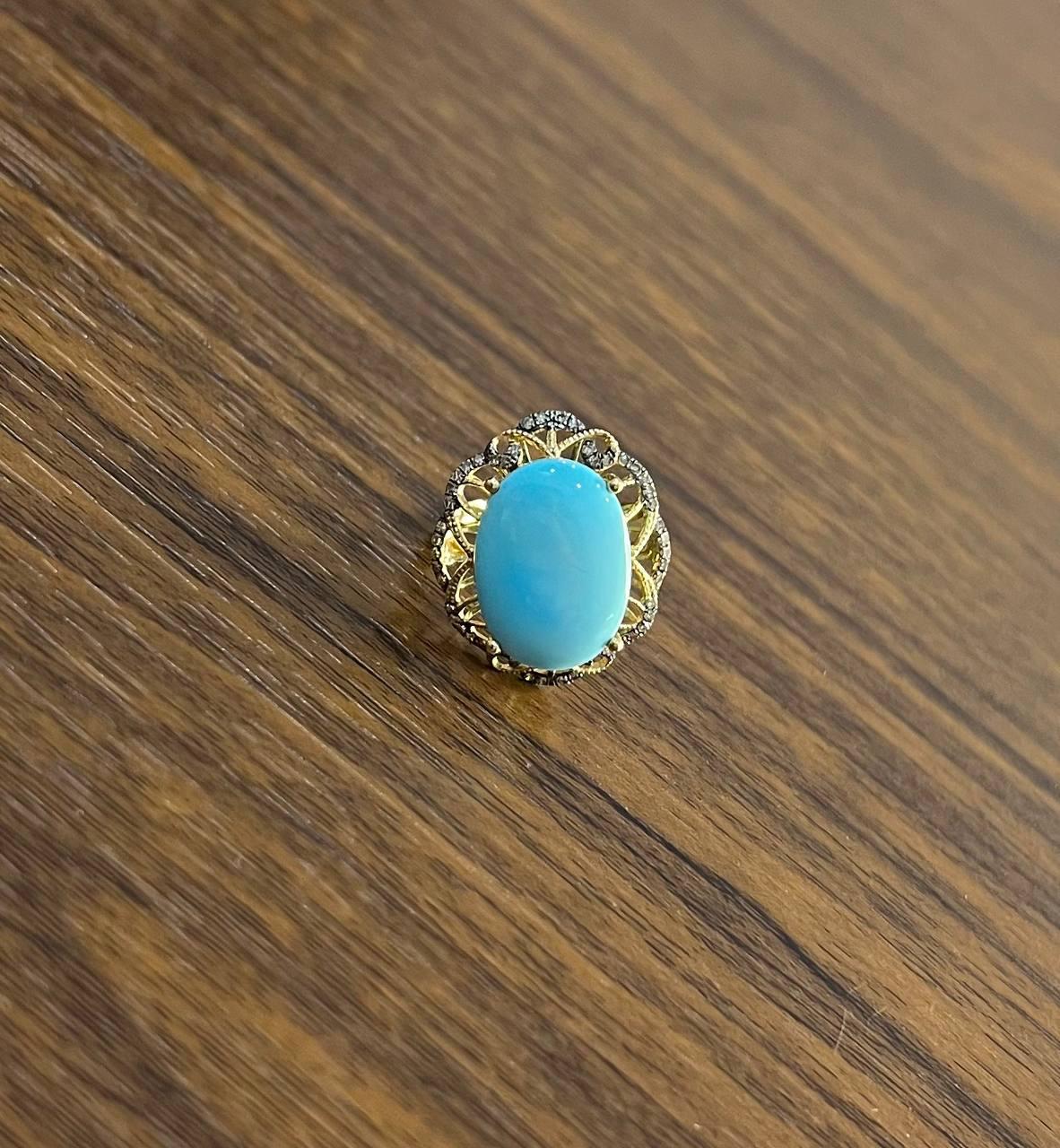 Blue Teal Turquoise Champagne Diamonds Halo 14K Yellow Gold Statement Ring