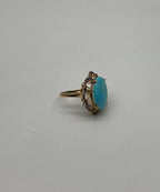 Blue Teal Turquoise Champagne Diamonds Halo 14K Yellow Gold Statement Ring