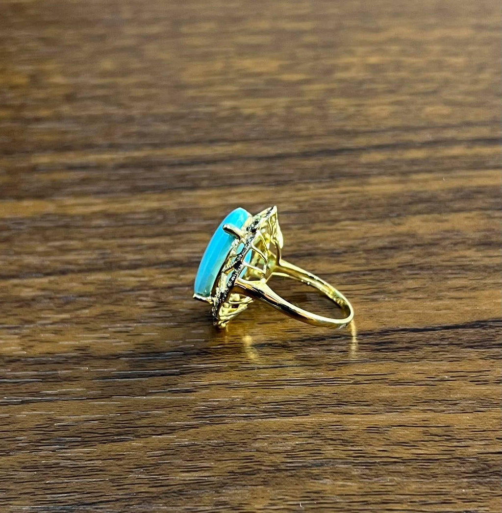 Blue Teal Turquoise Champagne Diamonds Halo 14K Yellow Gold Statement Ring