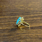 Blue Teal Turquoise Champagne Diamonds Halo 14K Yellow Gold Statement Ring