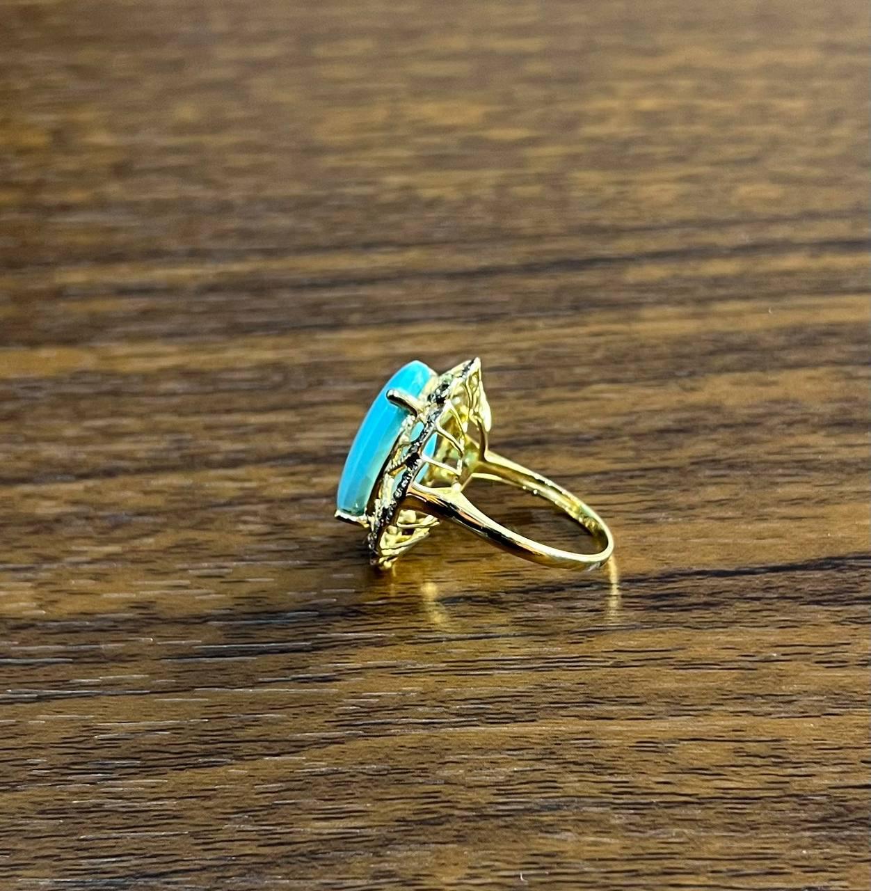 Blue Teal Turquoise Champagne Diamonds Halo 14K Yellow Gold Statement Ring