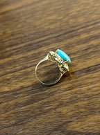 Blue Teal Turquoise Champagne Diamonds Halo 14K Yellow Gold Statement Ring