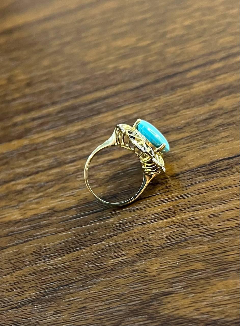 Blue Teal Turquoise Champagne Diamonds Halo 14K Yellow Gold Statement Ring