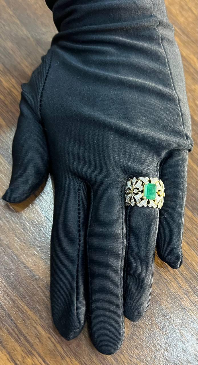 Rectangular Green Emerald Diamond Scroll 14K Yellow Gold Statement Band Ring