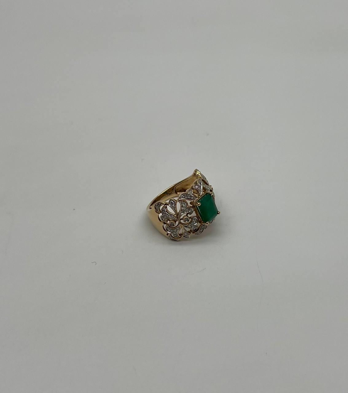 Rectangular Green Emerald Diamond Scroll 14K Yellow Gold Statement Band Ring