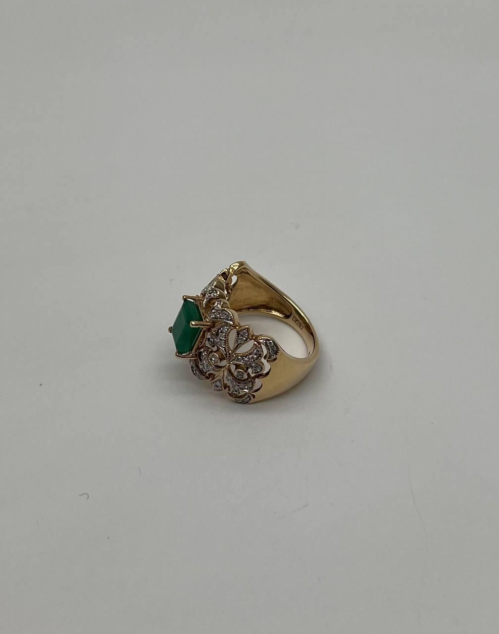 Rectangular Green Emerald Diamond Scroll 14K Yellow Gold Statement Band Ring