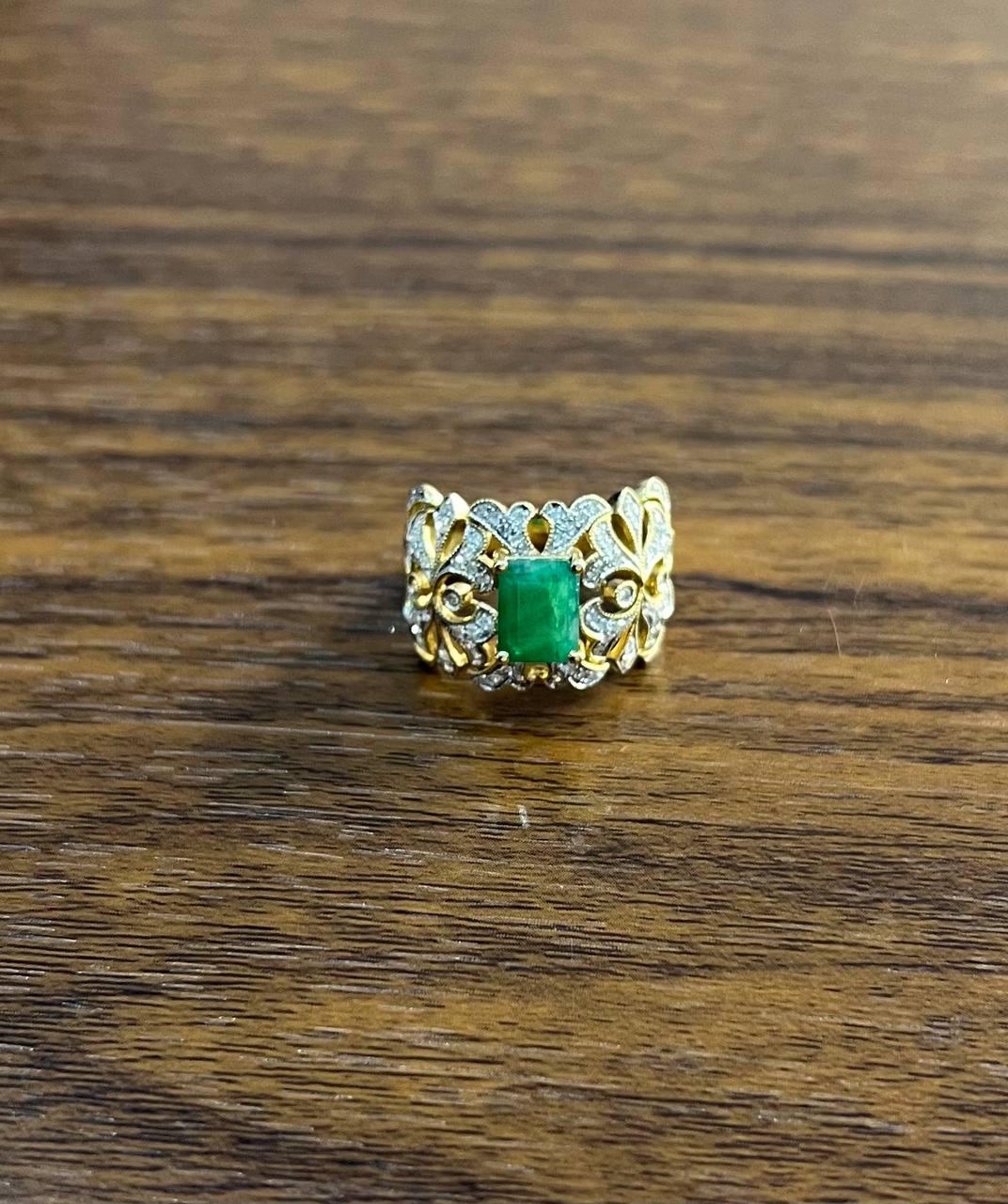 Rectangular Green Emerald Diamond Scroll 14K Yellow Gold Statement Band Ring