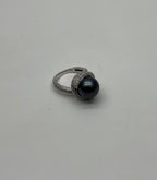 Grey Silver Black Tahitian Pearl White Gold Diamond Pave Set Spiral Bypass Ring