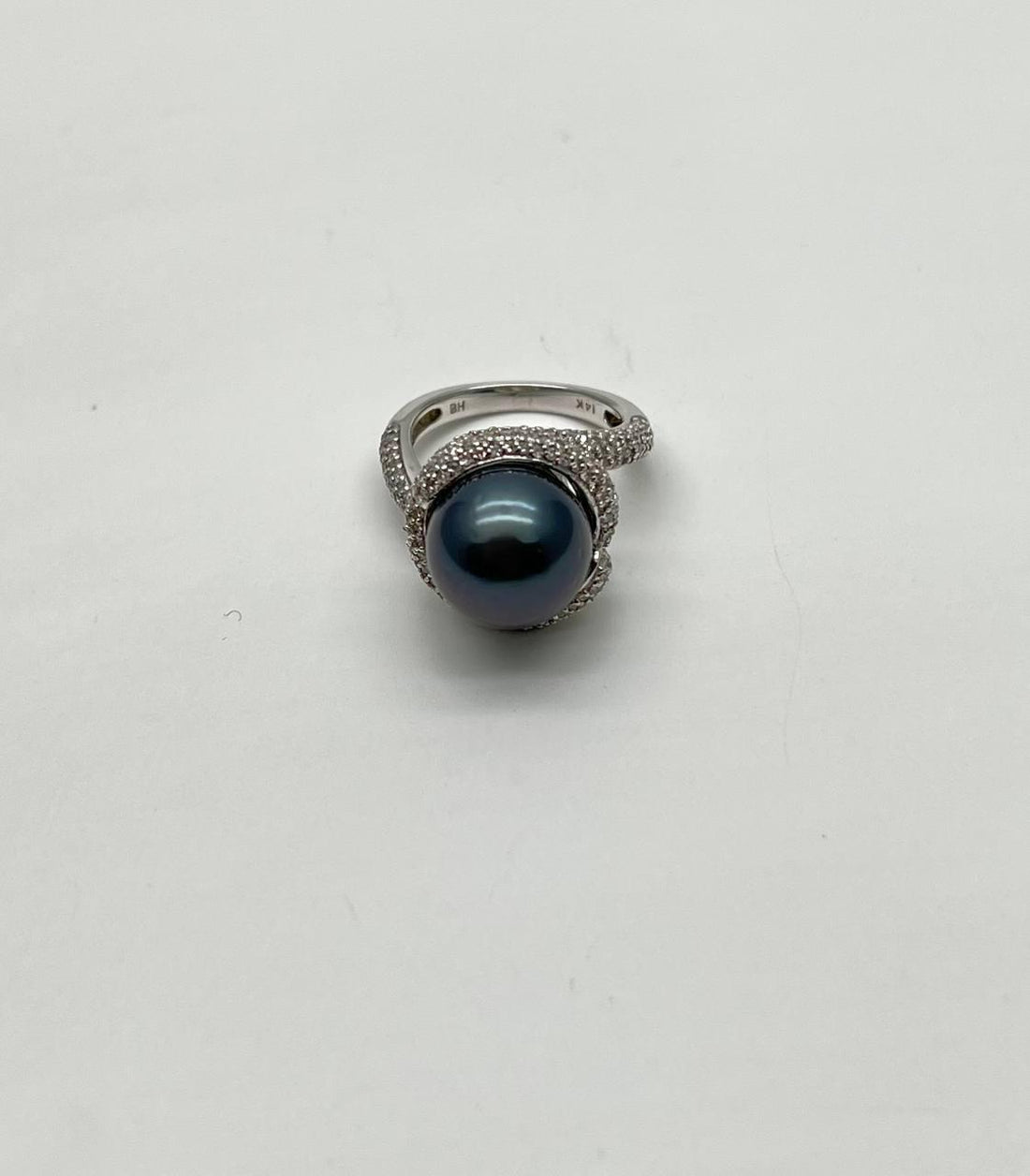 Grey Silver Black Tahitian Pearl White Gold Diamond Pave Set Spiral Bypass Ring