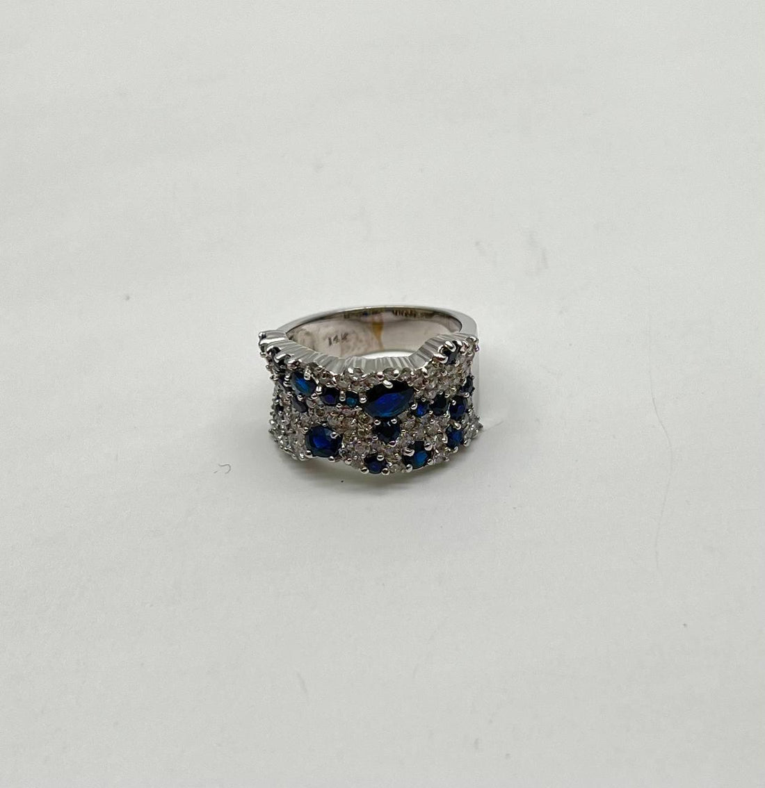Blue Sapphire & White Diamond Pave Cluster Set 14K White Gold Statement Ring