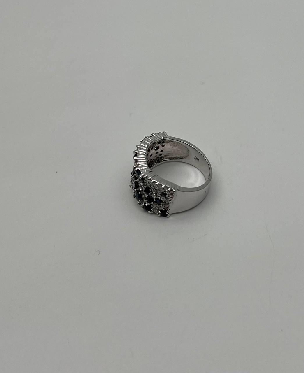 Blue Sapphire &amp; White Diamond Pave Cluster Set 14K White Gold Statement Ring