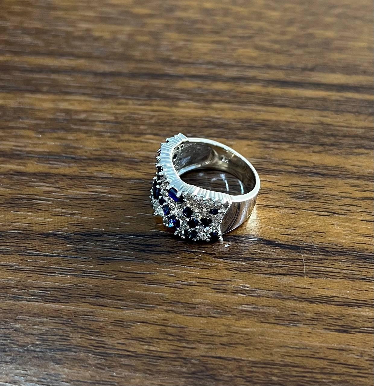 Blue Sapphire &amp; White Diamond Pave Cluster Set 14K White Gold Statement Ring