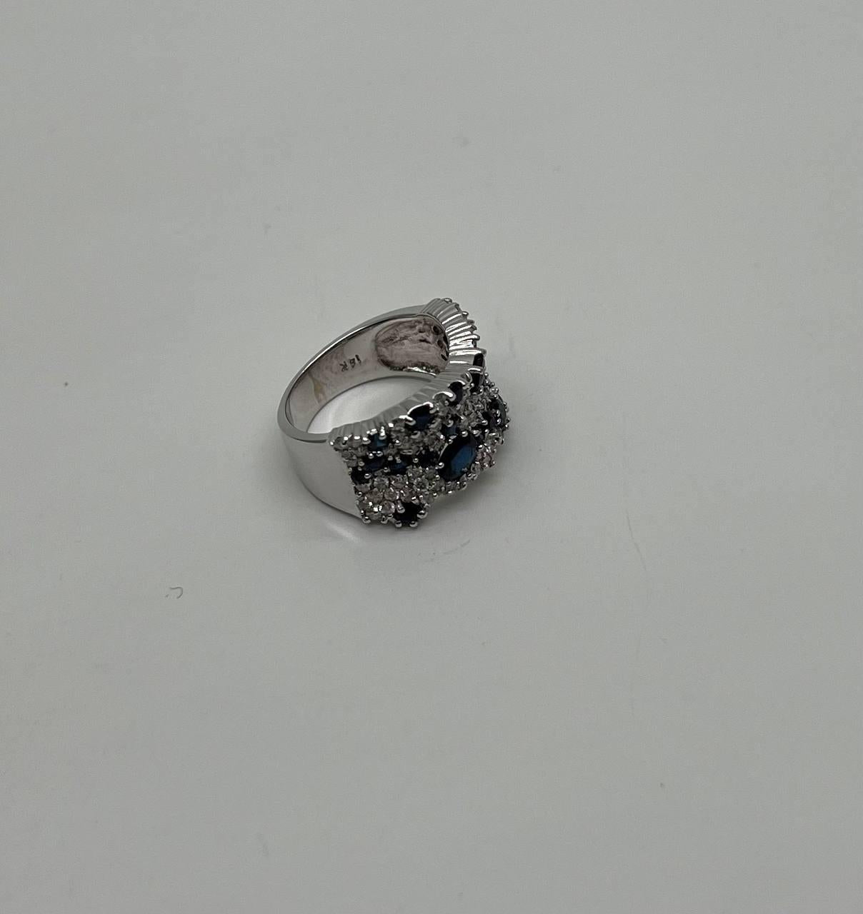 Blue Sapphire &amp; White Diamond Pave Cluster Set 14K White Gold Statement Ring