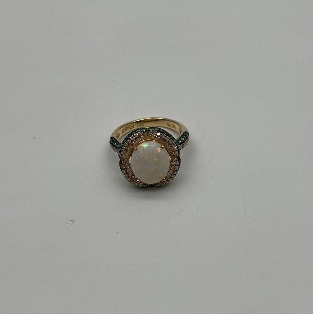 White Opal Multi Diamonds Green Tsavorite Pave Set Layer 14K Gold Statement Ring