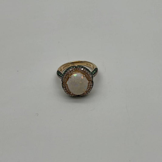 White Opal Multi Diamonds Green Tsavorite Pave Set Layer 14K Gold Statement Ring